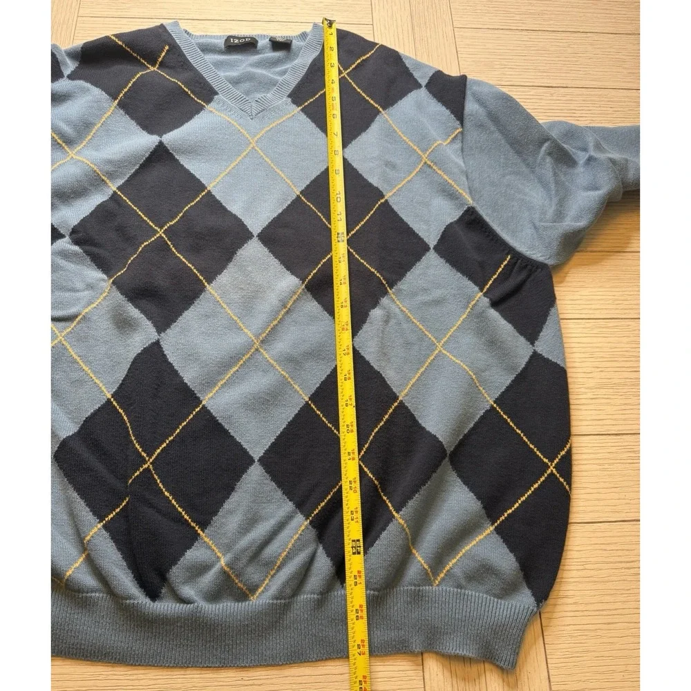 Izod Men's VTG Argyle V Neck 100%Cotton Knit Long Sleeve Blue & Navy Sweater XXL